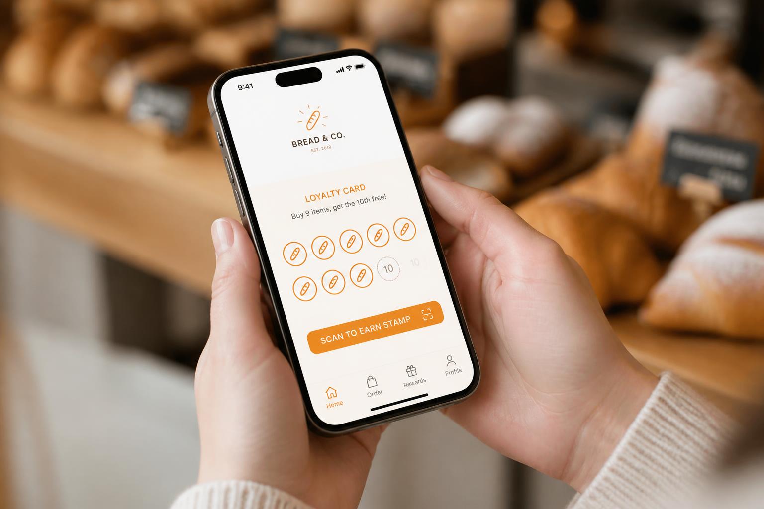 Cliente usando o aplicativo Carimba — programa de fidelidade digital com cartão fidelidade no celular
